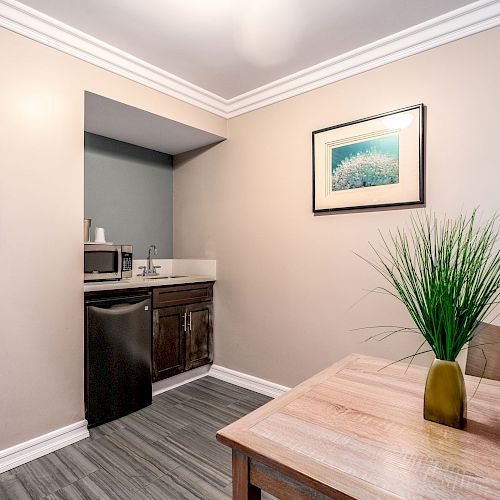 The image shows a small kitchenette area with a sink, microwave, and mini-fridge. A wooden table with a green plant in a vase is nearby. There are framed pictures.