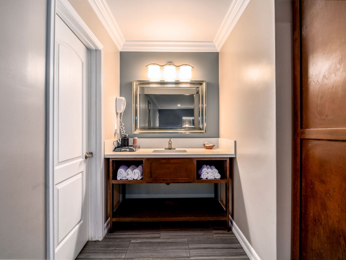 The image shows a bathroom vanity area with a mirror, a sink, lighting fixtures, a towel rack below, and a door on the left side of the wall.