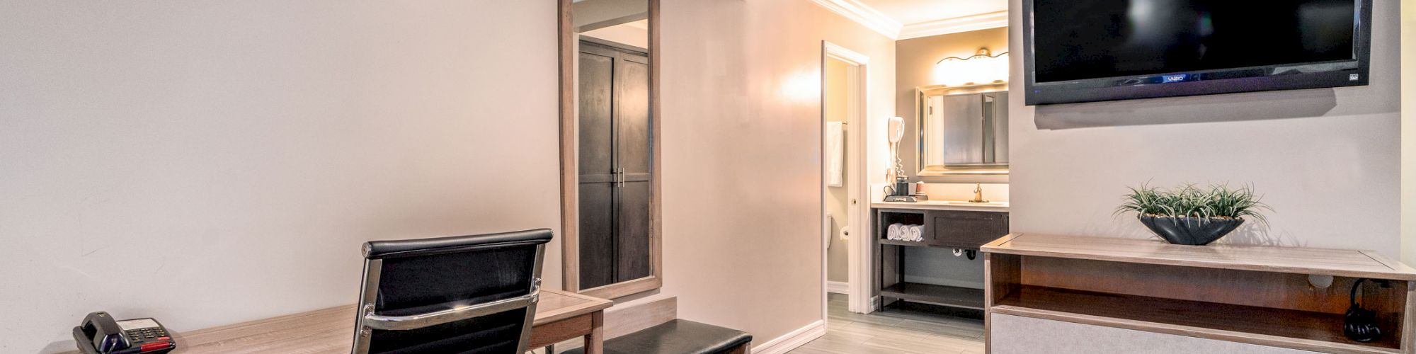 The image shows a hotel room with a desk, chair, mirror, television, chest of drawers, and a small plant, with a door leading to the bathroom.